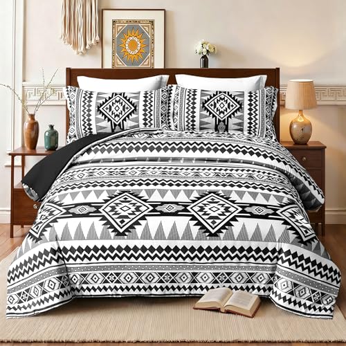 Tyrot Aztec Comforter Bedding Set with Pillow Shams for All Season, Black, Queen Size