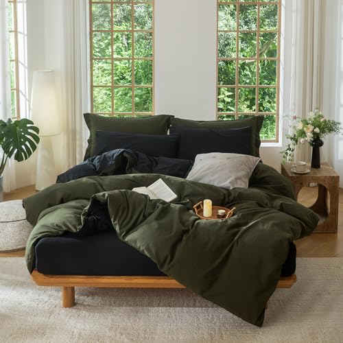 BDEAR INS Linen Feel Double Sided Reversible Duvet Cover Queen Size 90''W x 90''L, Oeko TEX Standard Cotton Duvet Cover with Zipper Closure Plus 2 Pillowcases, Olive Green Plus Black