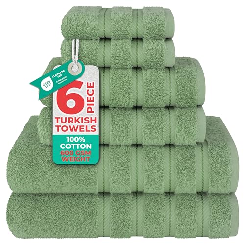 American Soft Linen, 6 Piece Towel Set, 2 Bath Towels 2 Hand Towels 2 Washcloths, Super Soft and Absorbent, 100% Turkish Cotton Towels for Bathroom and Kitchen Shower Towel, Sage Green