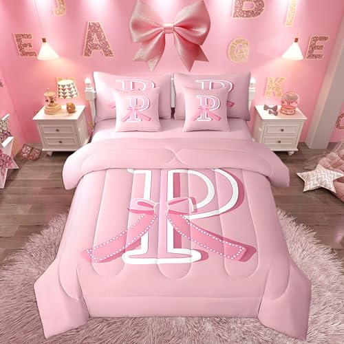 jejeloiu Pink Bow Bed Set, King Size, Decor Gifts for Women Teen Girl Personalized Initial P 7 Pieces Beeding Set, Ultra Soft Monogrammed Bed in a Bag with Comforter, Sheets, Pillowcases Dreamy Bow