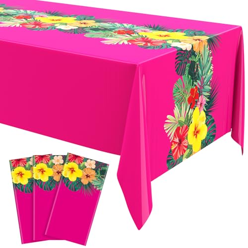 Irenare 3 Sheets Hawaiian Luau Tablecloths for Party Decoration 54 x 108'' Tropical Palm Leaves Table Cloth Hawaii Disposable Rectangular Plastic Table Cover for Summer Beach (Rose Red)