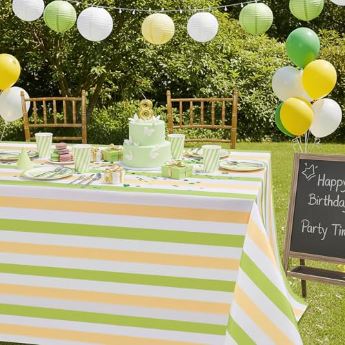 Fanqisi Yellow and Green Striped Tablecloth Easter Tablecloth- 57 x 84 Inch Waterproof Table Cloth Rectangle Polyester Table Cover for Birthday Wedding Bridal Shower Easter Party Decoration