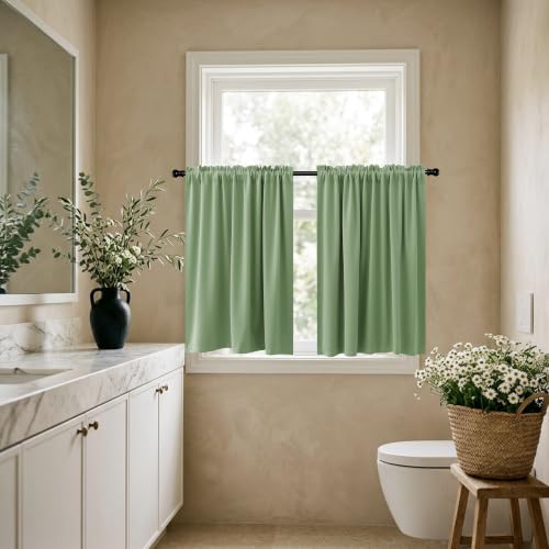KOUFALL Kitchen Curtains 30 Inch Length,Not See Through Blackout Window Curtain Panels for Bathroom,Sage Green