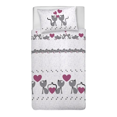 PENSIERI DELICATI Single Duvet Cover Set, 100% Cotton, Complete with 155 x 200 cm Bag and 1 Pillowcase 52 x 82 cm, Made in Italy, Duvet Cover Machine Washable At 40 Degrees, Pink Cats Design