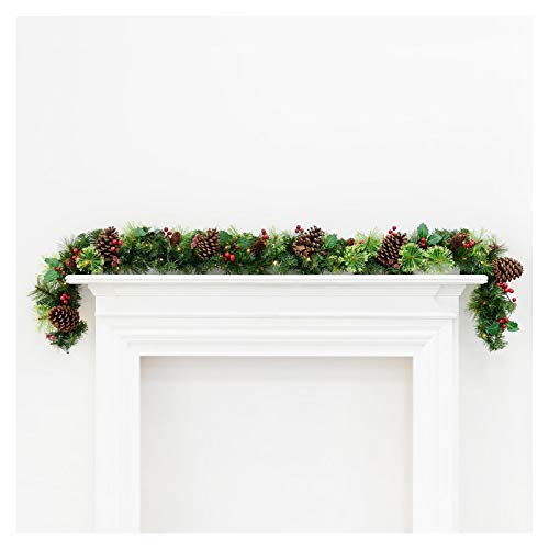 Pre-Lit Decorated Artificial Christmas Garland Green Branches With Pine Cones Holly Berries & Warm White LED Lights Indoor/Outdoor Xmas Decoration 6ft