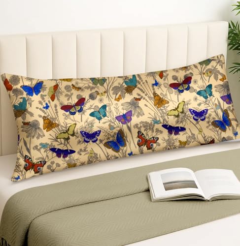 Miss Adola Silk Body Pillow Cover with Zipper - 20x54 Inch Silk Long Pillow Case for Women Ladies Adults Soft Bed Decorative Cute Boho Large Body Pillowcase Sham for Hair and Skin, Line Butterfly