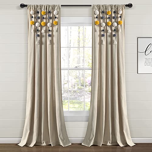"Lush Decor Boho Pom Pom Tassel Linen Window Curtain Panel (Single Panel), 84"" L x 52"" W, Yellow & Gray"