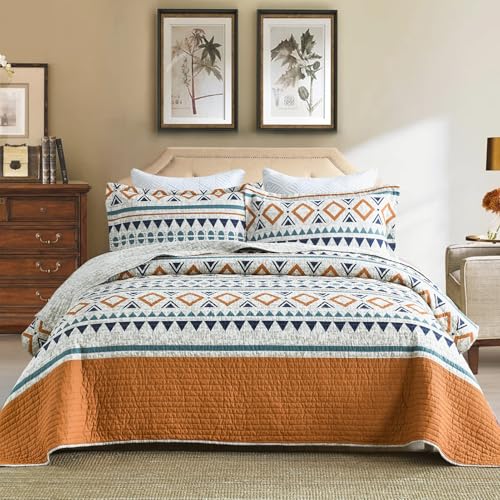 SahSahCasa Quilt King Size, 100% Cotton Boho Quilt, King Quilt Bedding Set Bedspreads, Bohemian Lightweight Striped Geometric Quilts Bedspread for King Bed, for All Season, Orange, 3 Pieces
