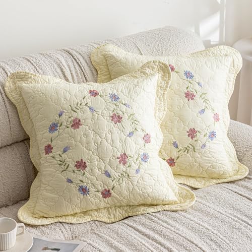 "vctops Set of 2 Cotton Quilted Embroidered Decorative Square Throw Pillow Covers with Scalloped Floral Soft Cushion Case for Couch Sofa Bed (Flower E,18""x18"")"