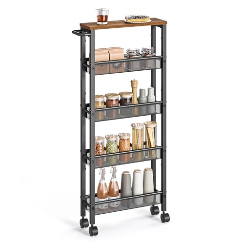 VASAGLE 5 Tier Kitchen Trolley with Casters, Steel Frame, Handle, Small Space, 13 x 45.5 x 99.5 cm, Bathroom, Living Room, Office, Rustic Brown and Black LRC034B01