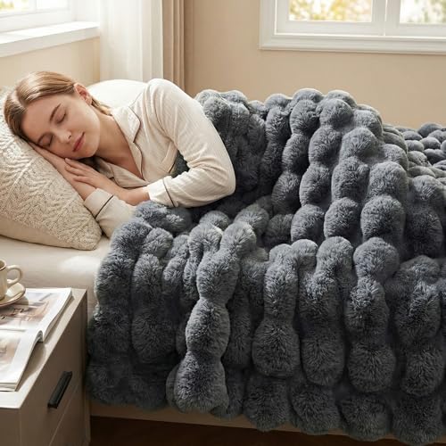 "DREAMNINE Soft Fuzzy Bubble Faux Rabbit Fur Throw Blanket for Couch 50"" x 60"", Double Sided Long Shaggy Thick Warm Fluffy Blankets for Winter, Decorative Luxury Gray Cozy Plush Cute Furry Blanket,Grey"
