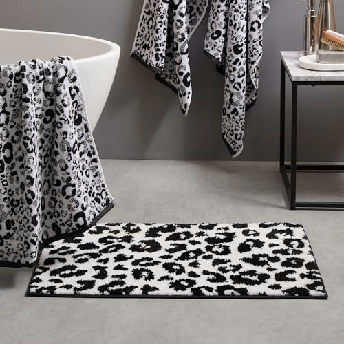 Fusion - Black White Animal Print Bath Mat (50 x 80cm) - 100% Cotton - Super Soft - Cheetah/Leopard Paw Print - Safari Zoo Animal Bathroom Mat - Absorbent Bath Mat - Bathroom Accessory