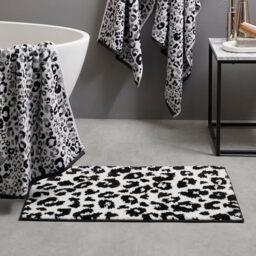 Fusion - Black White Animal Print Bath Mat (50 x 80cm) - 100% Cotton - Super Soft - Cheetah/Leopard Paw Print - Safari Zoo Animal Bathroom Mat - Absorbent Bath Mat - Bathroom Accessory