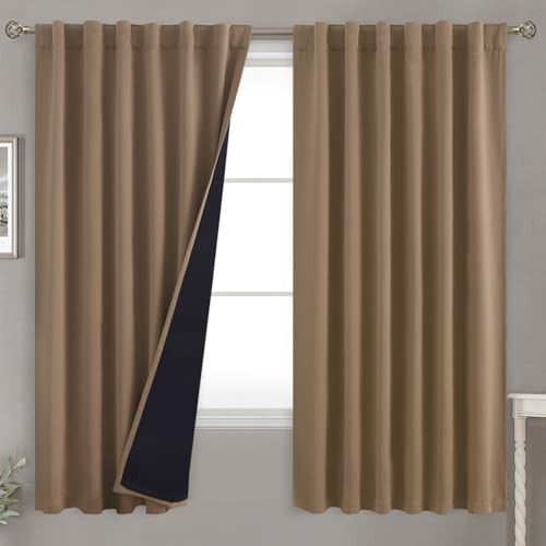 BGment 100% Room Darkening Thermal Insulated Curtains 63 Inches Long with Liner, Rod Pocket and Back Tab Double Layer Noise Cancelling Curtain Panels for Bedroom (52 x 63 Inch, 2 Panels, Taupe)