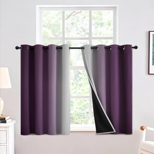 Yakamok 100% Blackout Ombre Purple Curtains 36 inches Long for Bedroom - Room Darkening Curtain for Living Room Grommet Light Blocking Thermal Insulated Gradient Drapes???2 Panels???52W x36L
