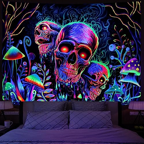 Amonercvita Blacklight Skull Tapestry Trippy Skeleton Wall Tapestries UV Reactive Neon Plants Trees Tapestries Aesthetic Galaxy Space Tapestry Wall Hanging for Bedroom Decor(W51.2??H59.1 inches)