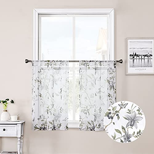Tollpiz Floral Sheer Tier Curtain Grey Cherry Flower Butterfly Print Half Curtains Kitchen Rod Pocket Voile Linen Look White Sheer Curtain for Bathroom, 30 x 36 inches Long, Set of 2 Panels
