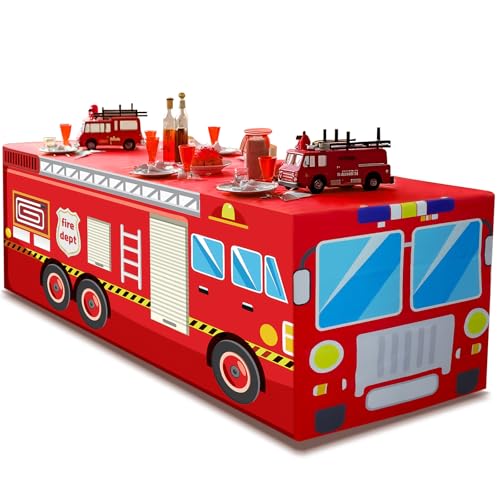 xbaiyanr 8Ft Fire Truck Birthday Party Tablecloth,Firefighter Birthday Party Decorations,Fire Truck Table Cloth for Kids Boys Firefighter Firetruck Theme Party Decorations Supplies