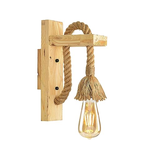 LEDSone Industrial Wall Sconce, Vintage Metal Wood Light, Rustic Farmhouse Rope Wall Lamp for Dining Room Bedroom Indoor
