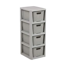 BranQ Home essential Rattan Design Shelf, BPA-Free Plastic PP, Light Grey, 29.5 x 24 x 64.2 cm, 4 Baskets