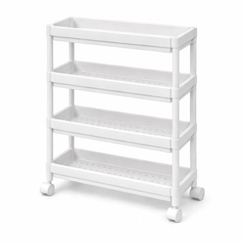 DIVCHI 4 Tier Storage Trolley Cart on Wheels Slim Rolling Slide-Out Slim Utility Cart Storage Shelving Organizer for Kitchen Laundry Narrow Space Rack Space-Saving Bathroom Bedside Trolley (White)