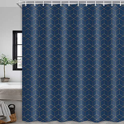 JAWO Hotel Quality Navy Blue Shower Curtain, Blue and Gold Geometric Pattern Fabric Shower Curtains Set, Modern Boho Chic Bathroom Accessories 69X70 Inches