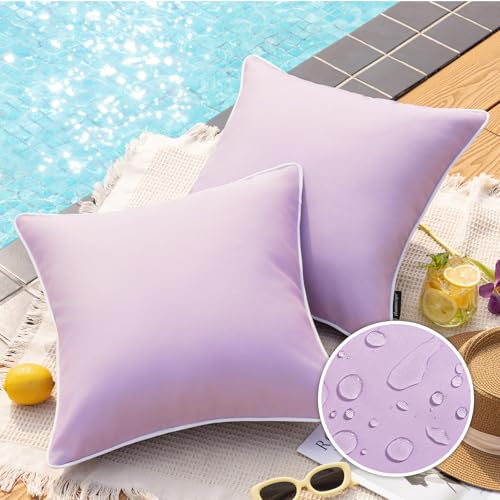 Phantoscope Pack of 2 Outdoor Waterproof Throw Pillow Covers Decorative Square Cushion Case Patio Pillows for Couch Tent, Lavender Purple 18x18 inches