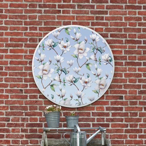 "MirrorOutlet The Typis - White Metal Frame Edged Modern Round Circular Edge Garden Wall Mirror With Flower Printed Decal 31""x31"" (80CM X 80CM)"