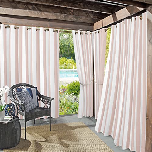 "Sun Zero Valencia 2-Pack Cabana Stripe Indoor/Outdoor UV Protectant Energy Efficient Grommet Curtain Panel Pair, 54"" x 84"", Rose Quartz"