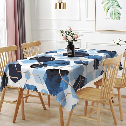 TTQYFNM 60x120inches Elegant Hexagons Tablecloth Blue White Gold Modern Geometric Abstract Art Fabric Table Cloth Marble Texture Waterproof Table Cover for Kitchen Dining Room Banquet Party Decor