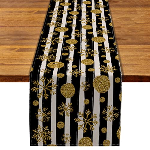 Merry Christmas Happy New Year Table Runner Linen Gold and Black Stripes Winter Holiday Rustic Kitchen Dining Room Decoration