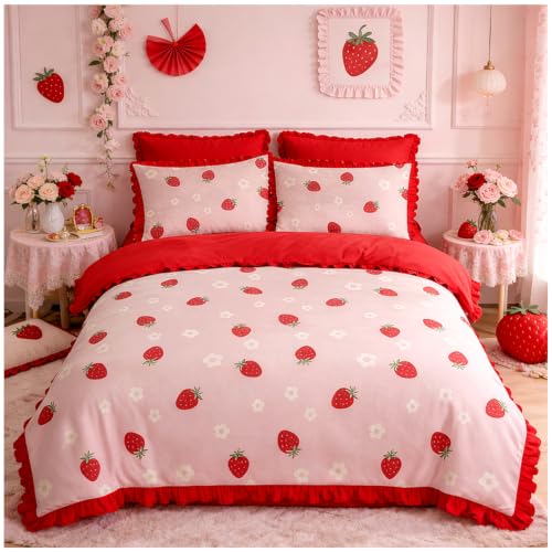 GC GAVENO CAVAILIA Strawberry Duvet Cover King Size With Pillow Cases, Pink - Soft Breathable, Washable Duvet Cover Set- 3Piece Bedding Sets King Size Reversible Quilt Cover Button Closure, 230x220cm