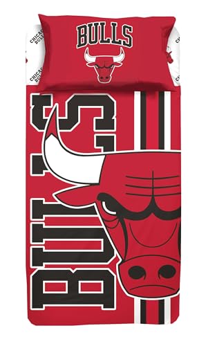 hermet NBA Single Bed Sheet Set, Single Bed Set, Top Sheet, Fitted Sheet, Pillowcase, 100% Cotton, Bulls, Official Product