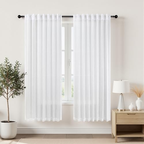 KOUFALL White Sheer Curtains 63 Inch Length for Bedroom 2 Panels Rod Pocket Back Tab Linen Semi Privacy Textured Drapes for Living Room