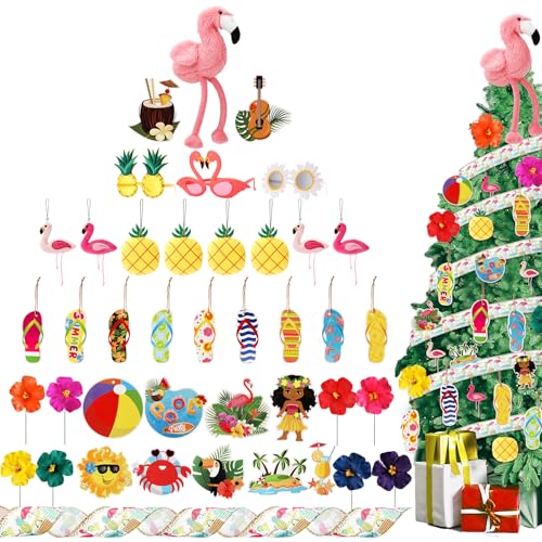 Halfchet 43 Pcs Summer Tree Ornaments Decorations Summer Tree Topper Flip Flop Funny Beach Sunglasses Flamingo Doll Pineapple Hanging Ornaments Ribbon and Faux Flowers for Luau Hawaii Party Supplies