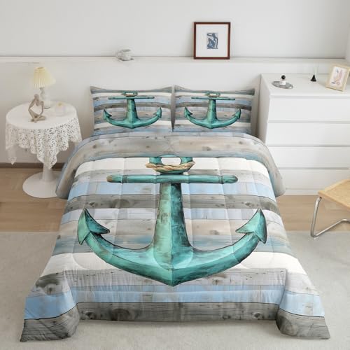 Feelyou Anchor Decor Comforter Set Queen Size Nautical Themed Bedding Set for Boys Girls Teens Ocean Comforter Sea Adventure Duvet Set Bean Green Grey Quilt Set