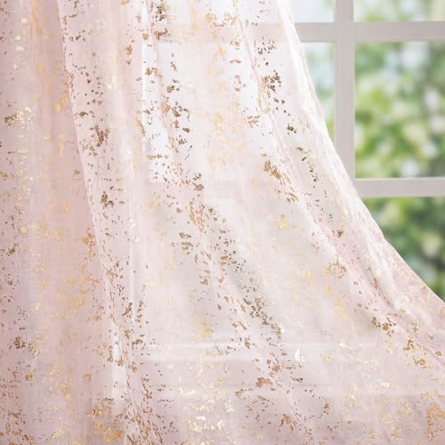"Horaldaily Pink Sheer Curtains for Living Room and Bedroom,Gold Sequin Glitter Metallic Foil, Scenery Light Filtering Window Curtains, 52"" W x 63"" L, Set of 2 Curtain Panels"