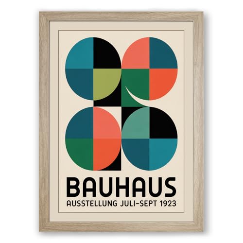 Bauhaus Exhibition Poster Geometric Framed Wall Art Print A4 (29.7×21cm) Oak, Wall Decor for Living Room, Bedroom, Office & Home, Ready to Hang, Art Gift