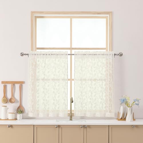 "Chyhomenyc Ivory Sheer Curtains 30 Inch Length, Light Filtering Leaf Tufted Textured Small Window Kitchen Curtain Over Sink, Short Half Window Curtains for Bathroom Basement, 30"" Wx30 L, 2 Panels"