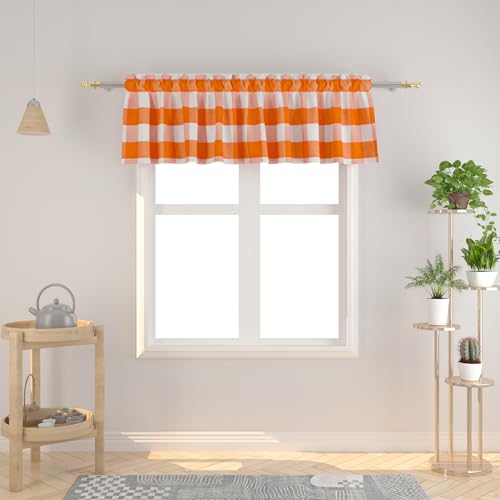Natus Weaver Window Curtain Valances 18 inches Long Living Room Bedroom Kitchen 1 Panel Buffalo Check Small Short Mini Valance Curtain Topper Rod Pocket Classic Country Farmhouse - Orange & White