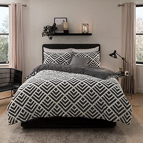 Sleepdown Geo Jacquard Fleece Thermal Warm Cosy Super Soft Duvet Cover Quilt Bedding Set with Pillow Cases - King (220cm x 230cm) - Charcoal Grey White
