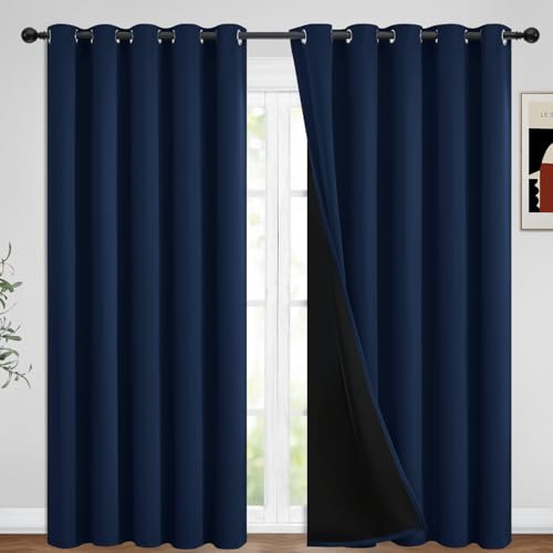 Yakamok Navy Blue Curtains 100% Blackout Curtains for Living Room - Grommet Thermal Insulated Full Room Darkening Block Out Curtains with Black Liner for Bedroom, Set of 2 Panels, W62 x L84 Inch
