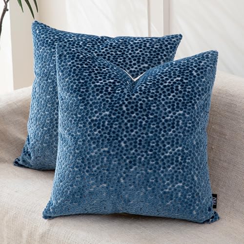 FIFU 2-Pack 20x20 Inch Decorative Throw Pillow Covers - Jacquard Velvet Front with Linen-Look Back, Invisible Zipper, Machine Washable Cushion Shells (No Insert Included), Oxford Blue