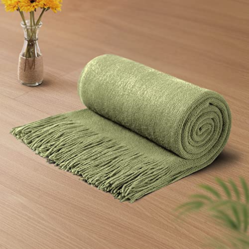 Vonty Olive Green Knitted Throw Blanket with Tassels Fringe, 50x60 Acrylic - Super Soft And Lightweight, Year-Round Cozy Warmth, Farmhouse Decorative Style, Machine Washable, for Couch, Sofa or Bed