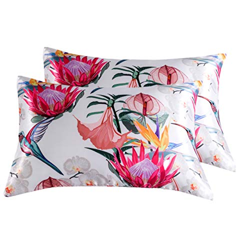 LCBD Satin Pillowcase for Hair and Skin, Standard Size Printed Pillow Cases Set of 2, Silky Floral Print Pillow Covers with Envelope Closure, 20x26 inches