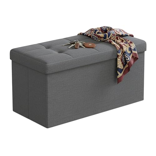 Relaxdays storage bench, foldable, upholstered fabric, hallway, bedroom, HWD 38 x 76 x 38 cm, seating trunk, dark grey