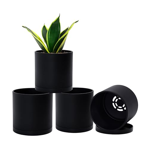 D'vine Dev 4-Pack Black Plastic Planters with Saucers, 4.5 in, 74-Y-F-2 - Lightweight Durable Build, Matte Finish, Cylindrical Shape, Efficient Drainage, Detachable Saucer, Minimalist Modern Style