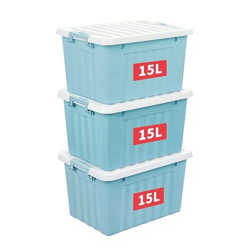 Cetomo 15L*3 Storage Boxes with Lids, Plastic Storage Box with Secure Side Latches, Stackable & Nestable Organizer for Home, Office, Moving, PP, Blue, 15L-3 Pack
