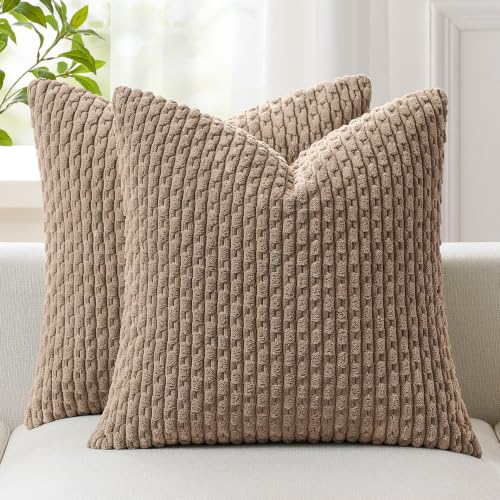 Kevin Textile Pack of 2 Corduroy Decorative Throw Pillow Covers 18x18 Inch Soft Boho Striped Pillow Covers Modern Farmhouse Home Decor for Spring Sofa Living Room Couch Bed Light Brown