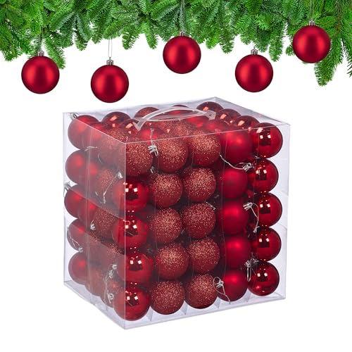 Relaxdays Christmas Baubles, Set of 100, Tree Ornaments, Holiday Decorations, Plastic, Shatterproof, 6 cm, Red